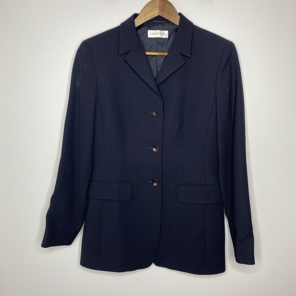 Caractere Black Blazer Fitted Lined Size 8 100% Wool Blend‎ 3 Button Italy